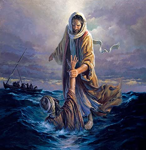 Jesus walks on water, calms the storm and saves Peter from drowning
